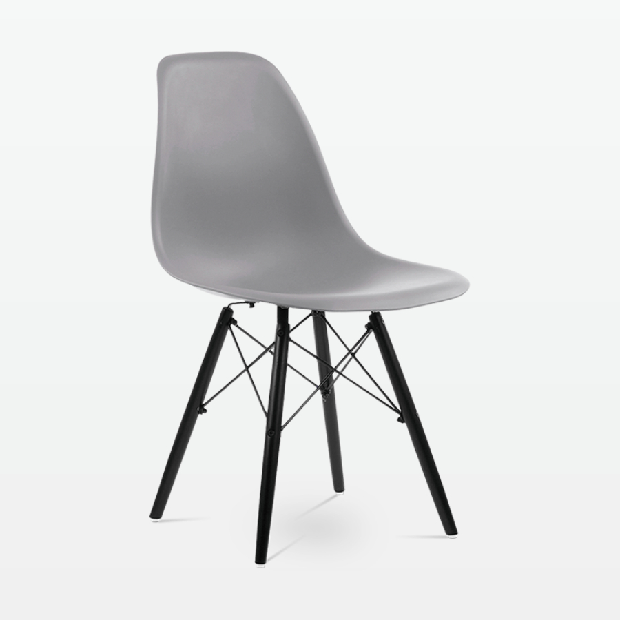 Designer Plastic Dining Side Chair in Mid Grey Top & Black Wooden Legs - front angle
