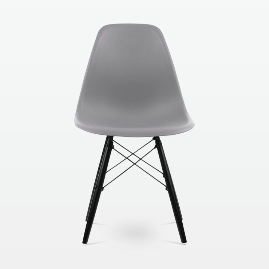 Designer Plastic Dining Side Chair in Mid Grey Top & Black Wooden Legs - front
