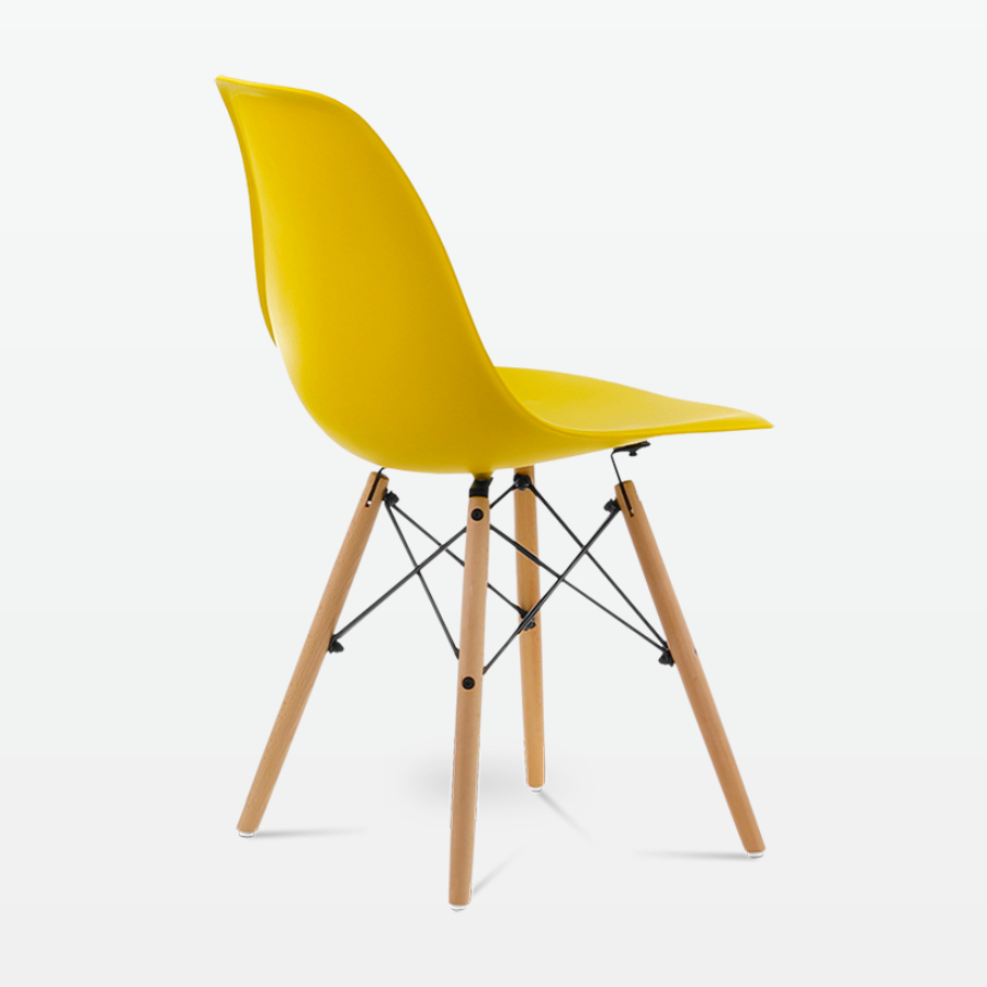Designer Plastic Dining Side Chair in Mustard Top & Beech Wooden Legs - back angle