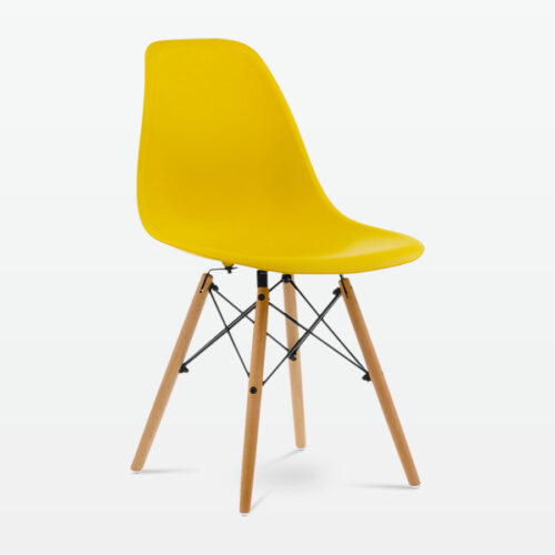 Designer Plastic Dining Side Chair in Mustard Top & Beech Wooden Legs - front angle