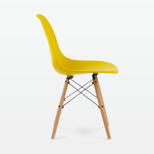 Designer Plastic Dining Side Chair in Mustard Top & Beech Wooden Legs - side