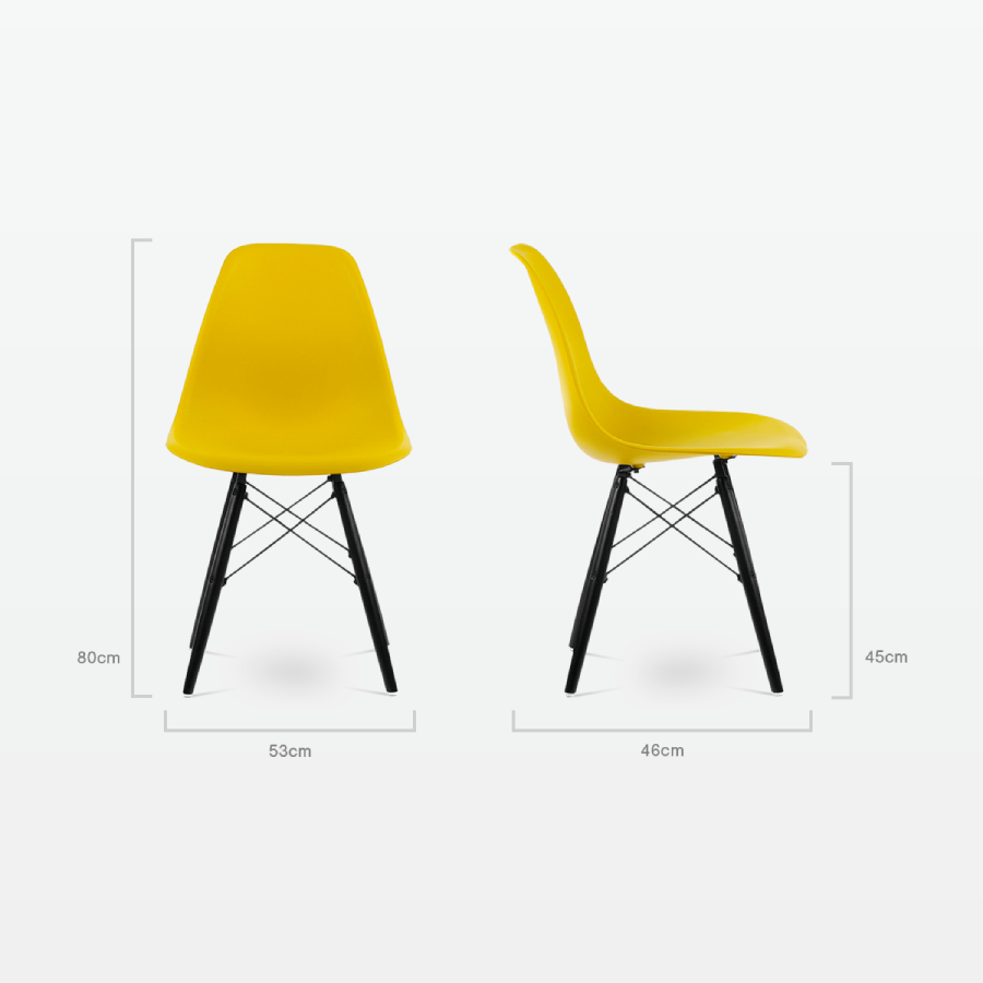 Designer Plastic Dining Side Chair in Mustard Top & Black Wooden Legs - dimensions