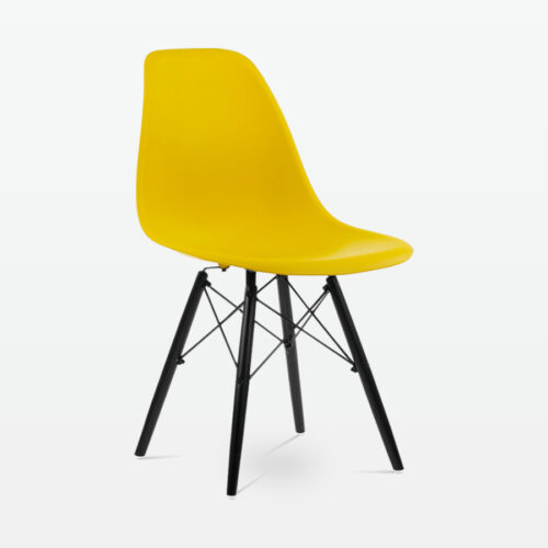 Designer Plastic Dining Side Chair in Mustard Top & Black Wooden Legs - front angles