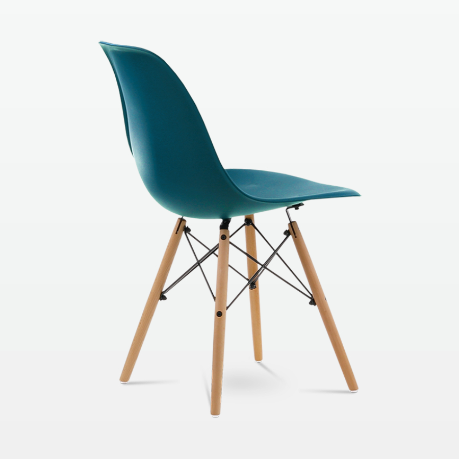 Designer Plastic Dining Side Chair in Ocean Top & Beech Wooden Legs - back angle