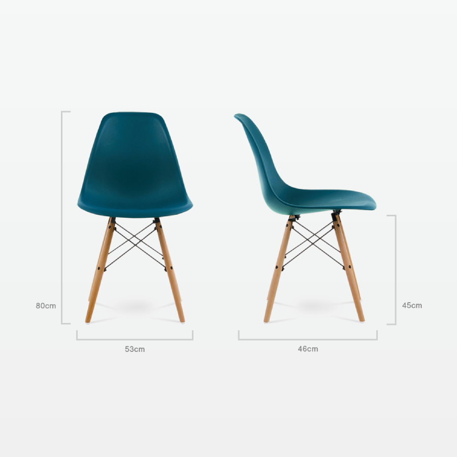 Designer Plastic Dining Side Chair in Ocean Top & Beech Wooden Legs - dimensions