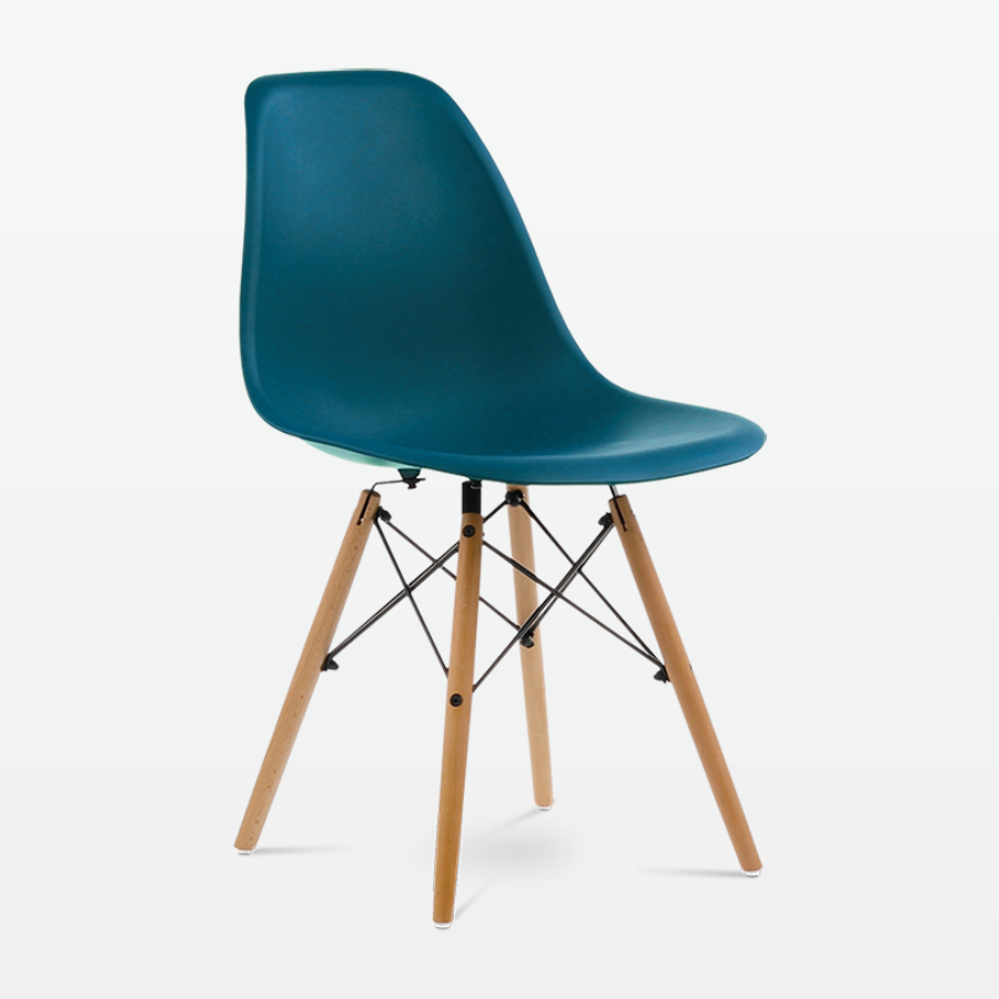 Designer Plastic Dining Side Chair in Ocean Top & Beech Wooden Legs - front angle