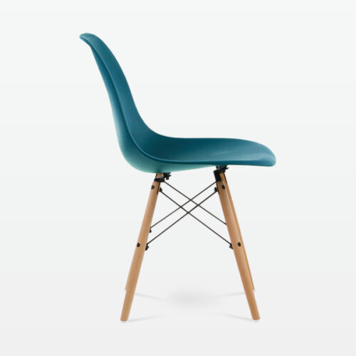 Designer Plastic Dining Side Chair in Ocean Top & Beech Wooden Legs - side