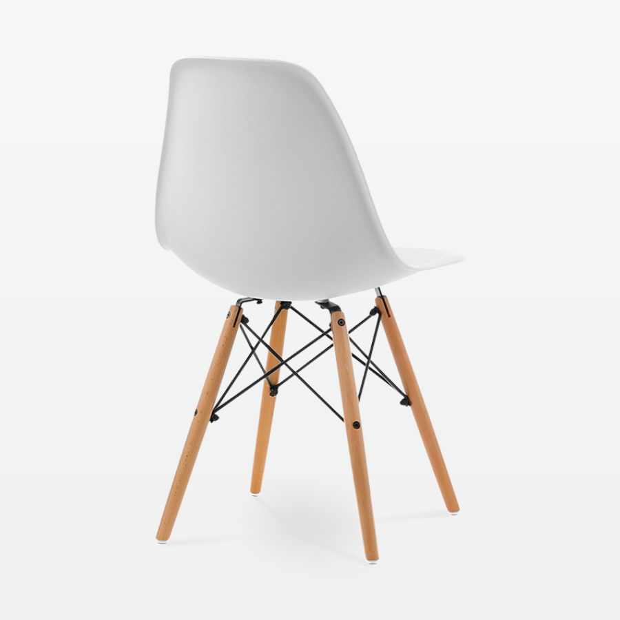 Designer Plastic Dining Side Chair in White Top & Beech Wooden Legs - back angle