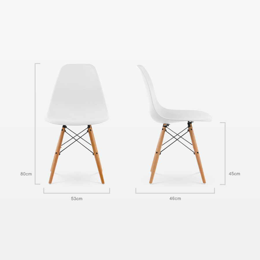 Designer Plastic Dining Side Chair in White Top & Beech Wooden Legs - dimensions