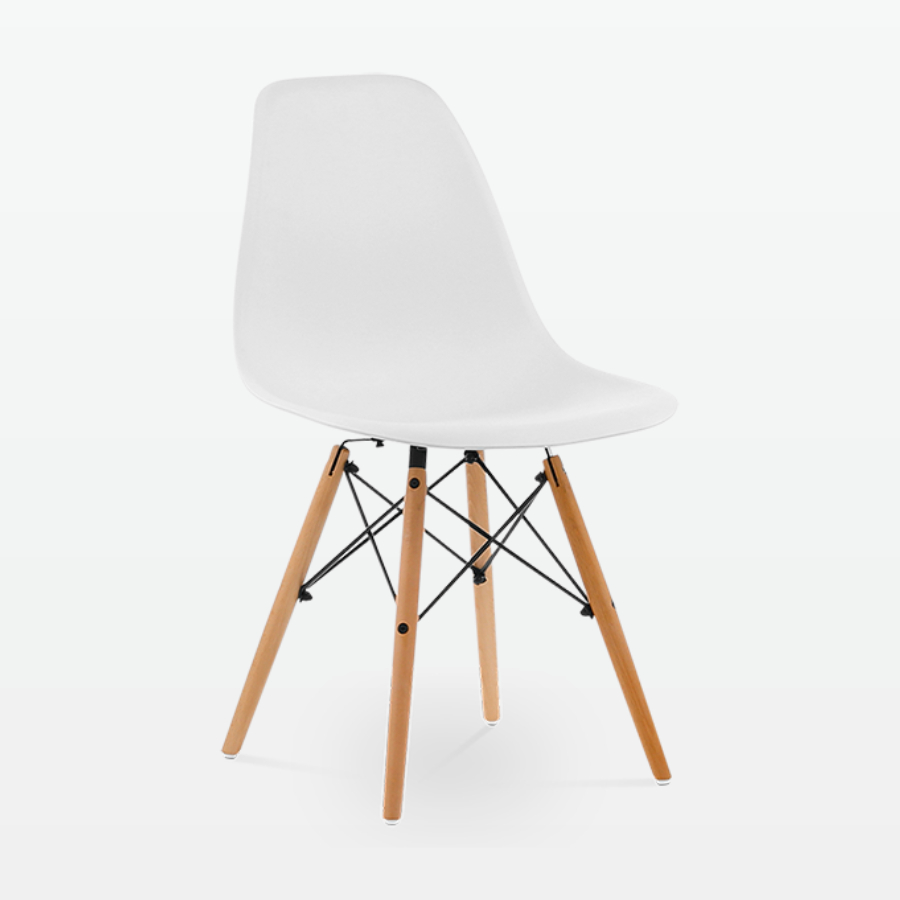 Designer Plastic Dining Side Chair in White Top & Beech Wooden Legs - front angle