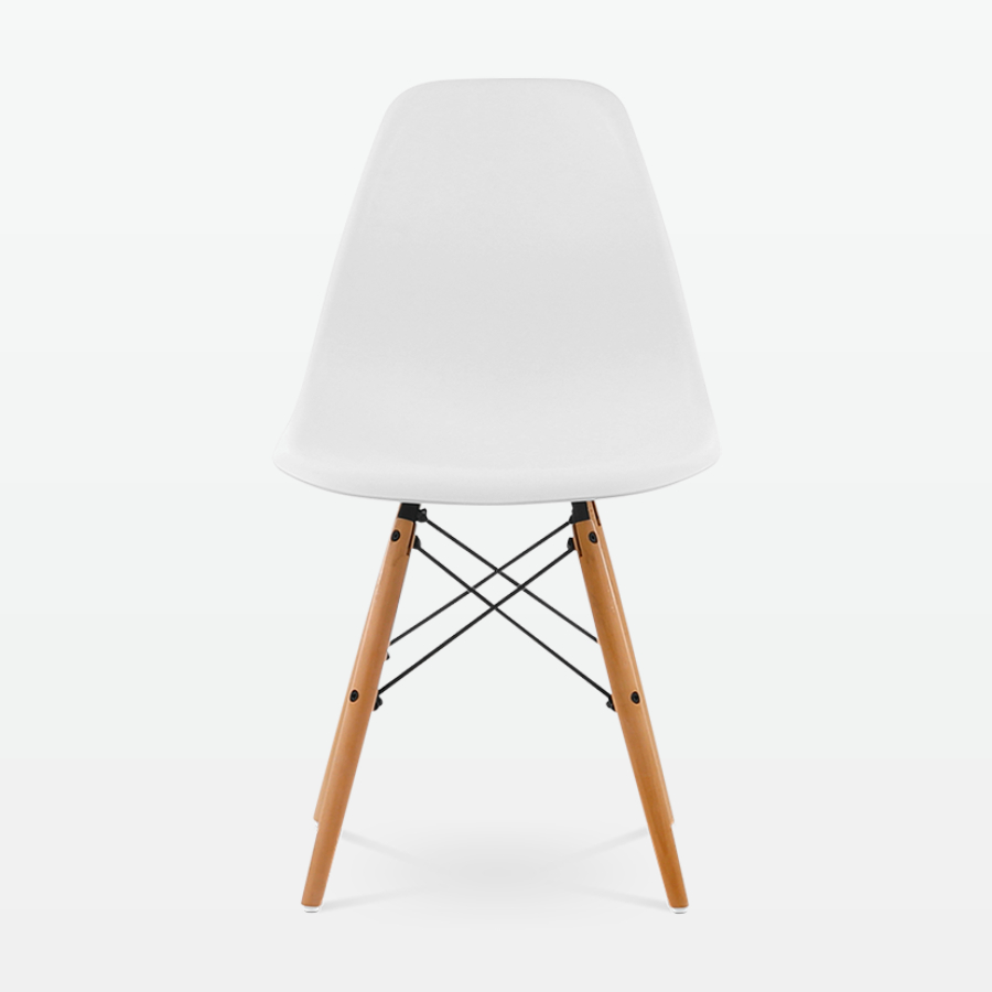 Designer Plastic Dining Side Chair in White Top & Beech Wooden Legs - front