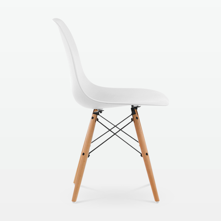 Designer Plastic Dining Side Chair in White Top & Beech Wooden Legs - side
