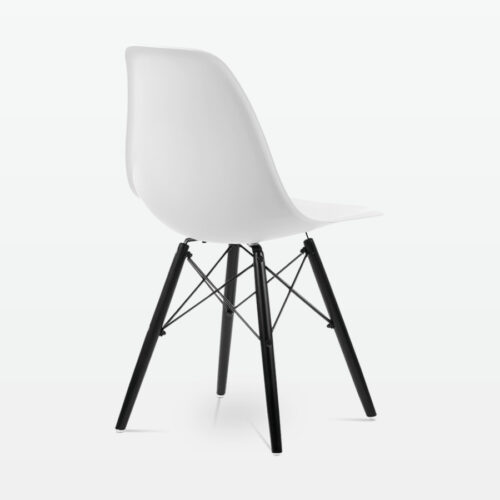 Designer Plastic Dining Side Chair in White Top & Black Wooden Legs - back angle
