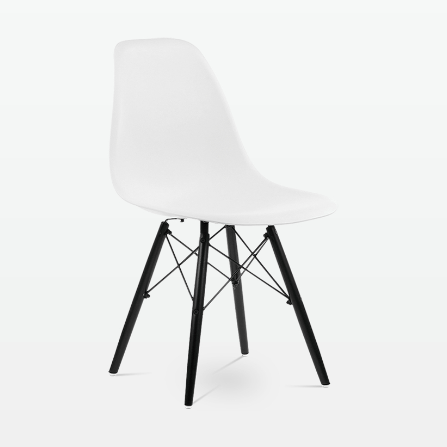 Designer Plastic Dining Side Chair in White Top & Black Wooden Legs - front angle