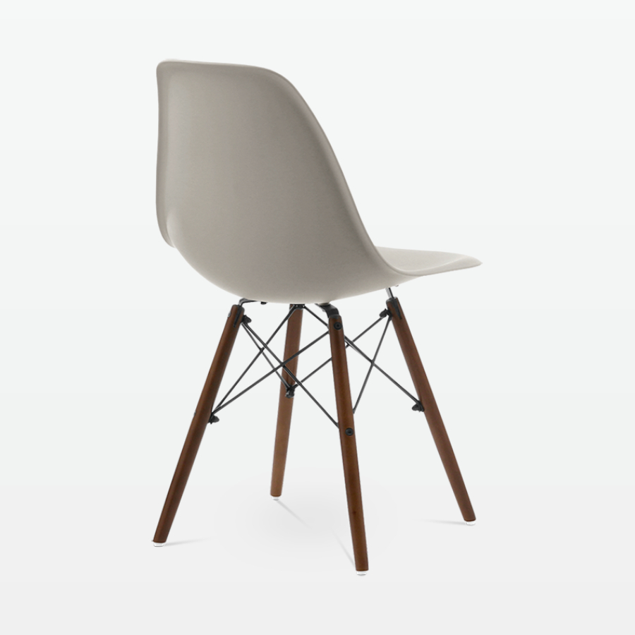 Designer Plastic Dining Side Chair in Beige Top & Walnut Wooden Legs - back angle