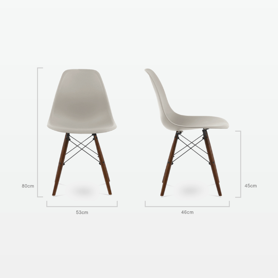 Designer Plastic Dining Side Chair in Beige Top & Walnut Wooden Legs - dimensions