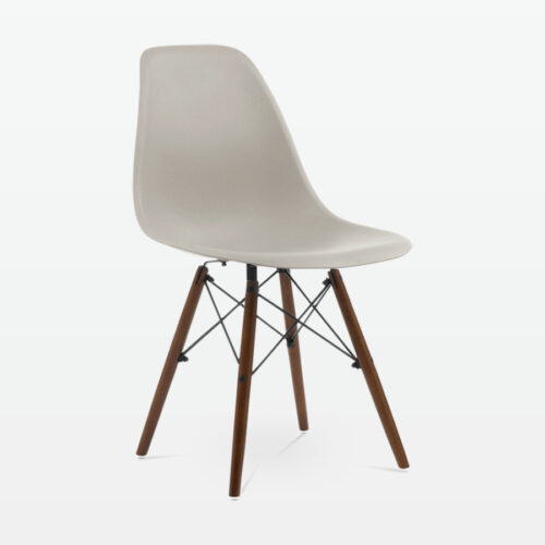 Designer Plastic Dining Side Chair in Beige Top & Walnut Wooden Legs - front angle