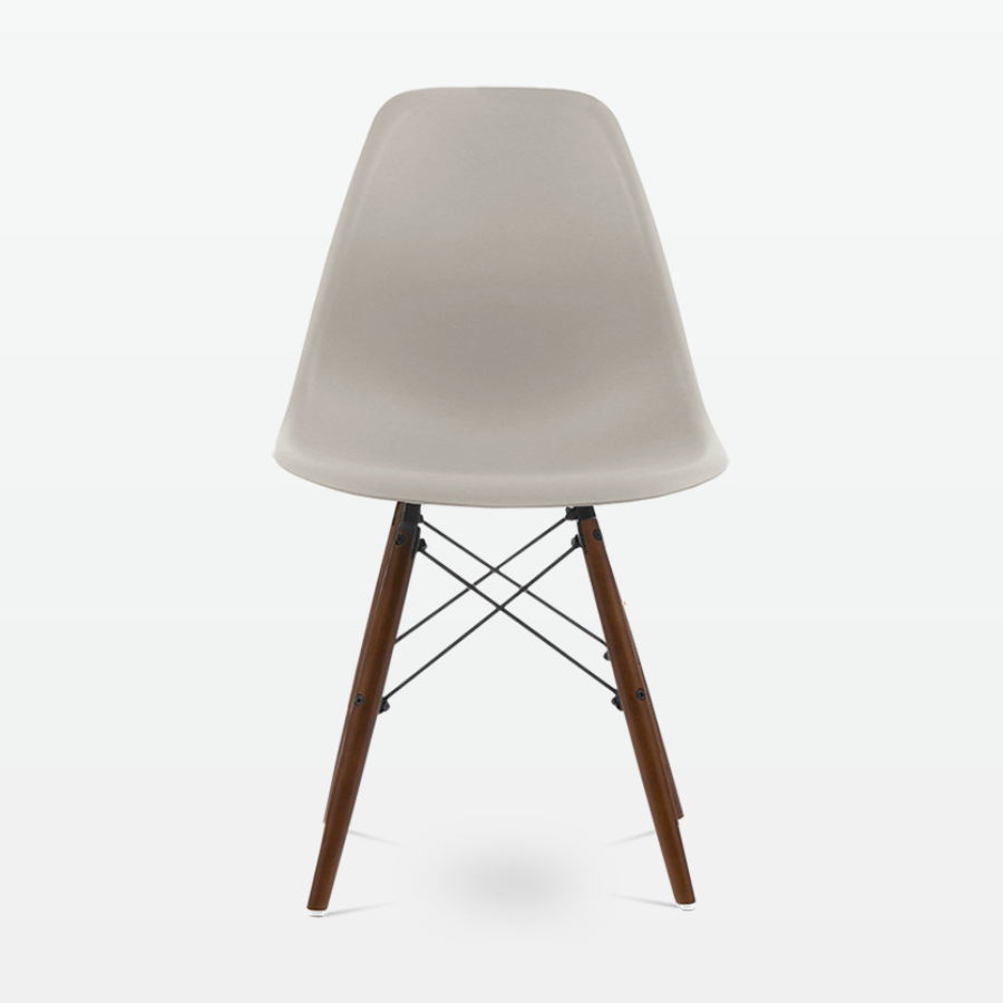 Designer Plastic Dining Side Chair in Beige Top & Walnut Wooden Legs - front