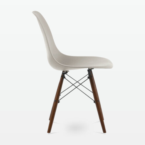 Designer Plastic Dining Side Chair in Beige Top & Walnut Wooden Legs - side