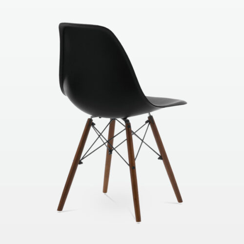 Designer Plastic Dining Side Chair in Black Top & Walnut Wooden Legs - back angle