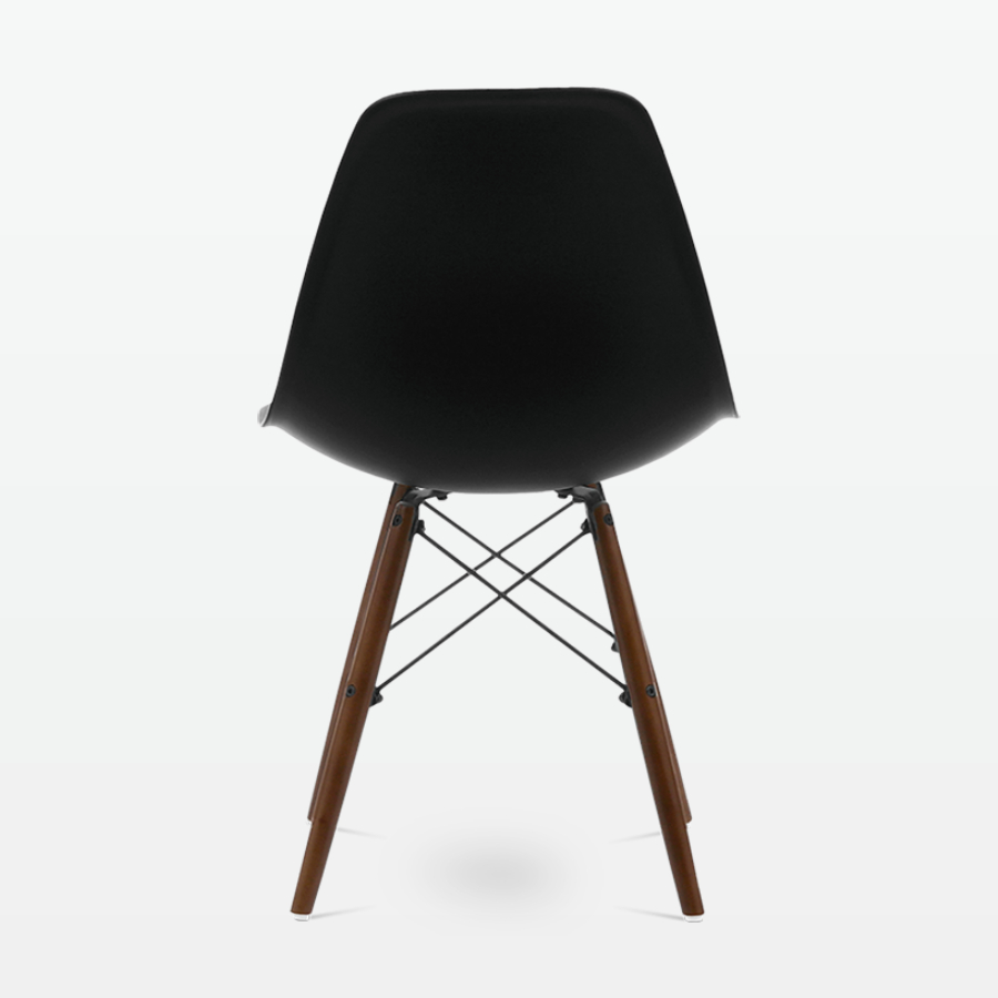 Designer Plastic Dining Side Chair in Black Top & Walnut Wooden Legs - back