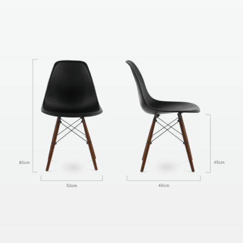 Designer Plastic Dining Side Chair in Black Top & Walnut Wooden Legs - dimensions