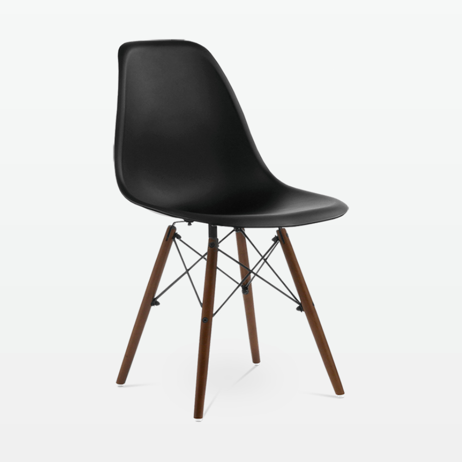 Designer Plastic Dining Side Chair in Black Top & Walnut Wooden Legs - front angle