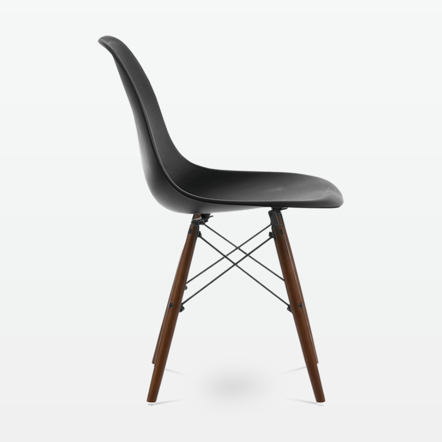 Designer Plastic Dining Side Chair in Black Top & Walnut Wooden Legs - side