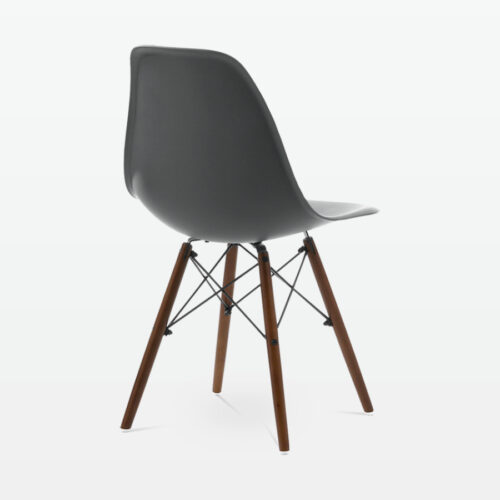 Designer Plastic Dining Side Chair in Dark Grey Top & Walnut Wooden Legs - back angle