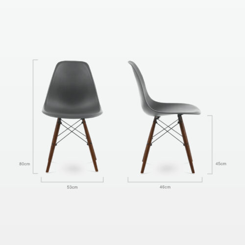 Designer Plastic Dining Side Chair in Dark Grey Top & Walnut Wooden Legs - dimensions