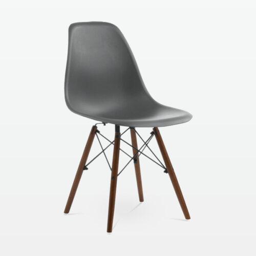 Designer Plastic Dining Side Chair in Dark Grey Top & Walnut Wooden Legs - front angle