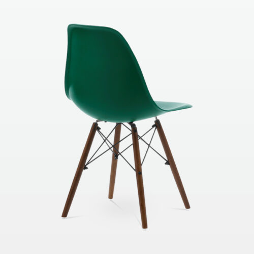Designer Plastic Dining Side Chair in Forest Green Top & Walnut Wooden Legs - back angle