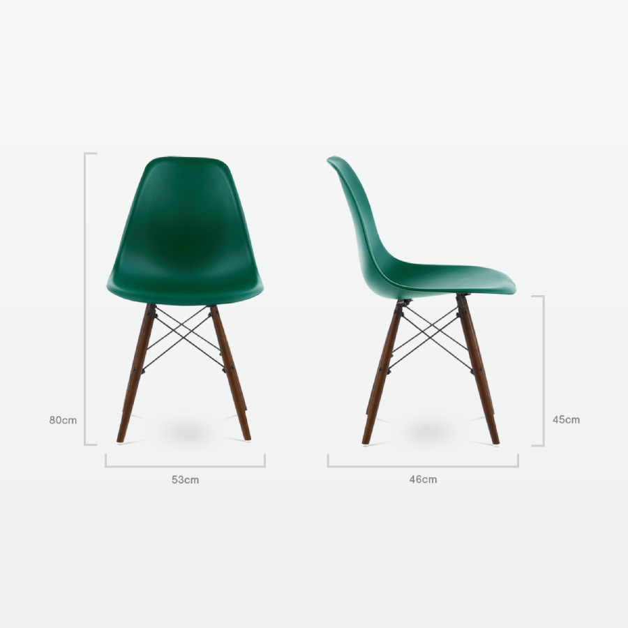 Designer Plastic Dining Side Chair in Forest Green Top & Walnut Wooden Legs - dimensions