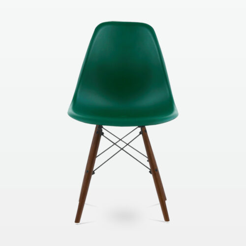 Designer Plastic Dining Side Chair in Forest Green Top & Walnut Wooden Legs - front