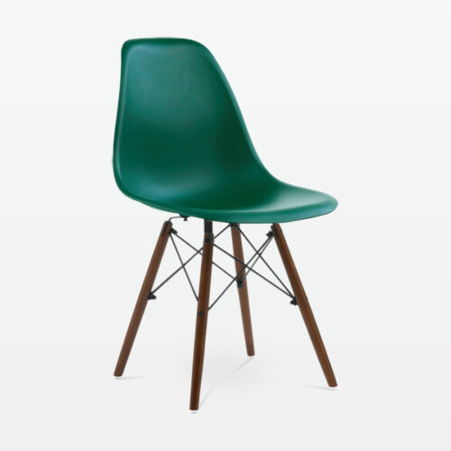 Designer Plastic Dining Side Chair in Forest Green Top & Walnut Wooden Legs - front angle