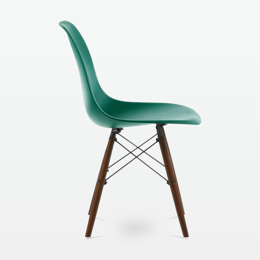 Designer Plastic Dining Side Chair in Forest Green Top & Walnut Wooden Legs - side