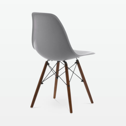 Designer Plastic Dining Side Chair in Mid Grey Top & Walnut Wooden Legs - back angle