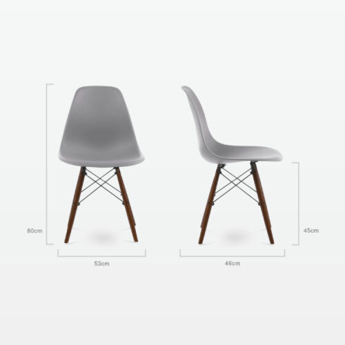Designer Plastic Dining Side Chair in Mid Grey Top & Walnut Wooden Legs - dimensions