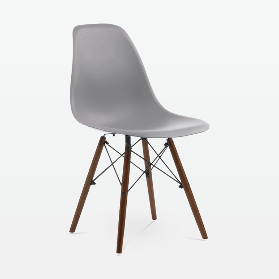 Designer Plastic Dining Side Chair in Mid Grey Top & Walnut Wooden Legs - front angle