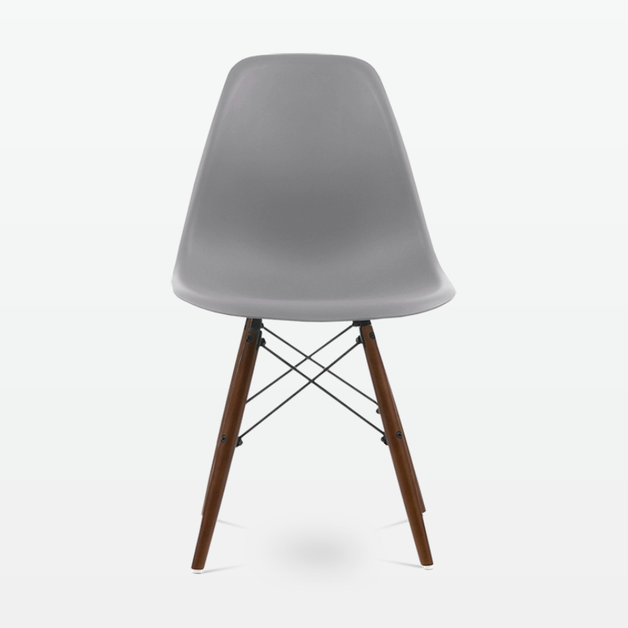 Designer Plastic Dining Side Chair in Mid Grey Top & Walnut Wooden Legs - front