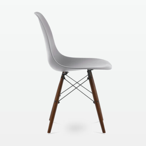 Designer Plastic Dining Side Chair in Mid Grey Top & Walnut Wooden Legs - side