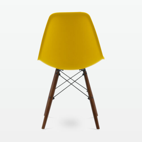 Designer Plastic Dining Side Chair in Mustard Top & Walnut Wooden Legs - back