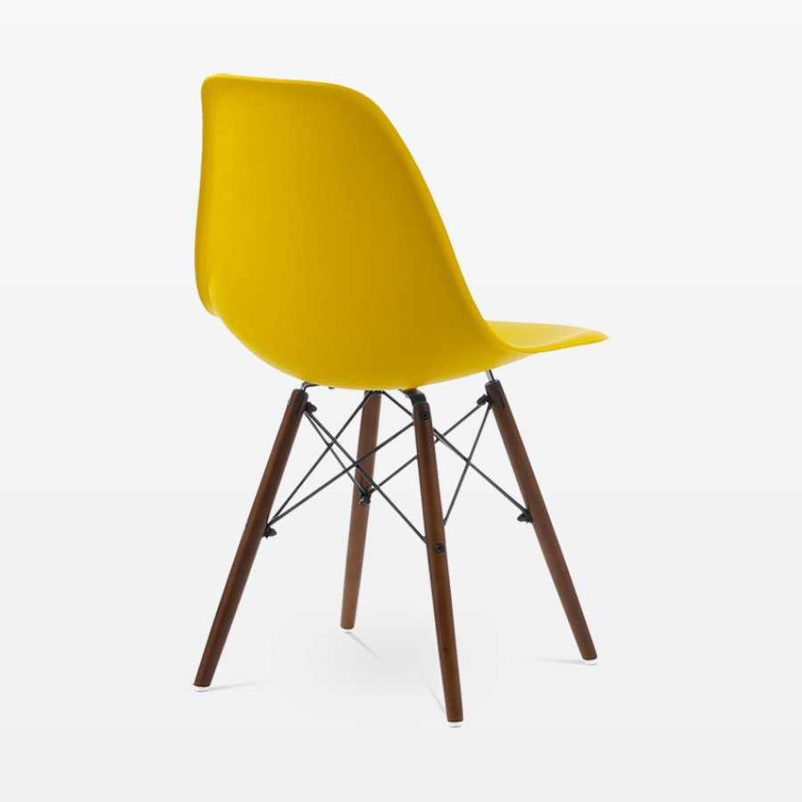 Designer Plastic Dining Side Chair in Mustard Top & Walnut Wooden Legs - back angle