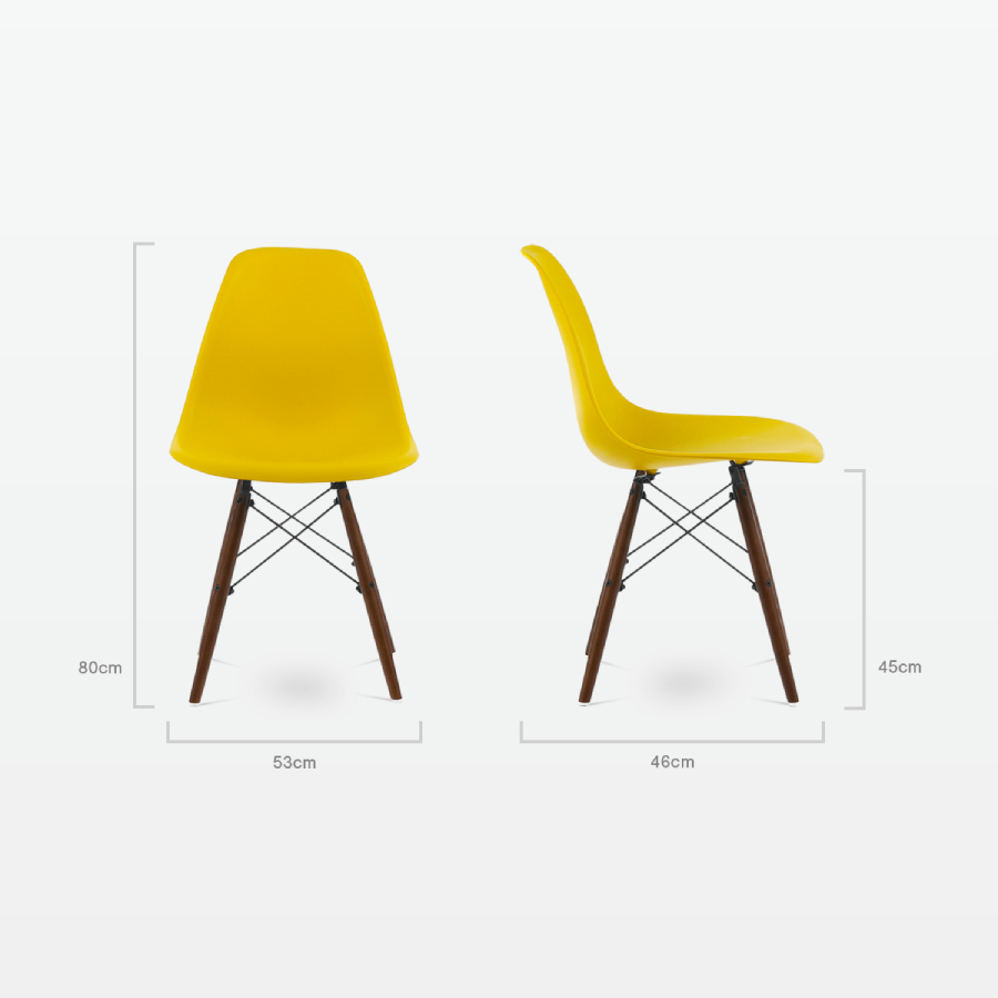 Designer Plastic Dining Side Chair in Mustard Top & Walnut Wooden Legs - dimensions
