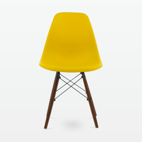 Designer Plastic Dining Side Chair in Mustard Top & Walnut Wooden Legs - front