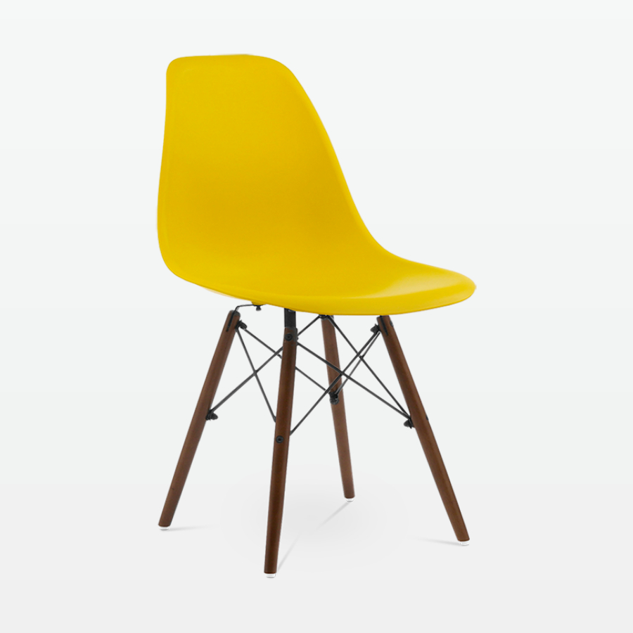 Designer Plastic Dining Side Chair in Mustard Top & Walnut Wooden Legs - front angle