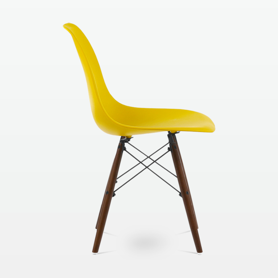 Designer Plastic Dining Side Chair in Mustard Top & Walnut Wooden Legs - side