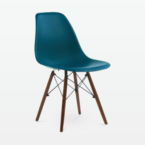 Designer Plastic Dining Side Chair in Ocean Top & Walnut Wooden Legs - front angle