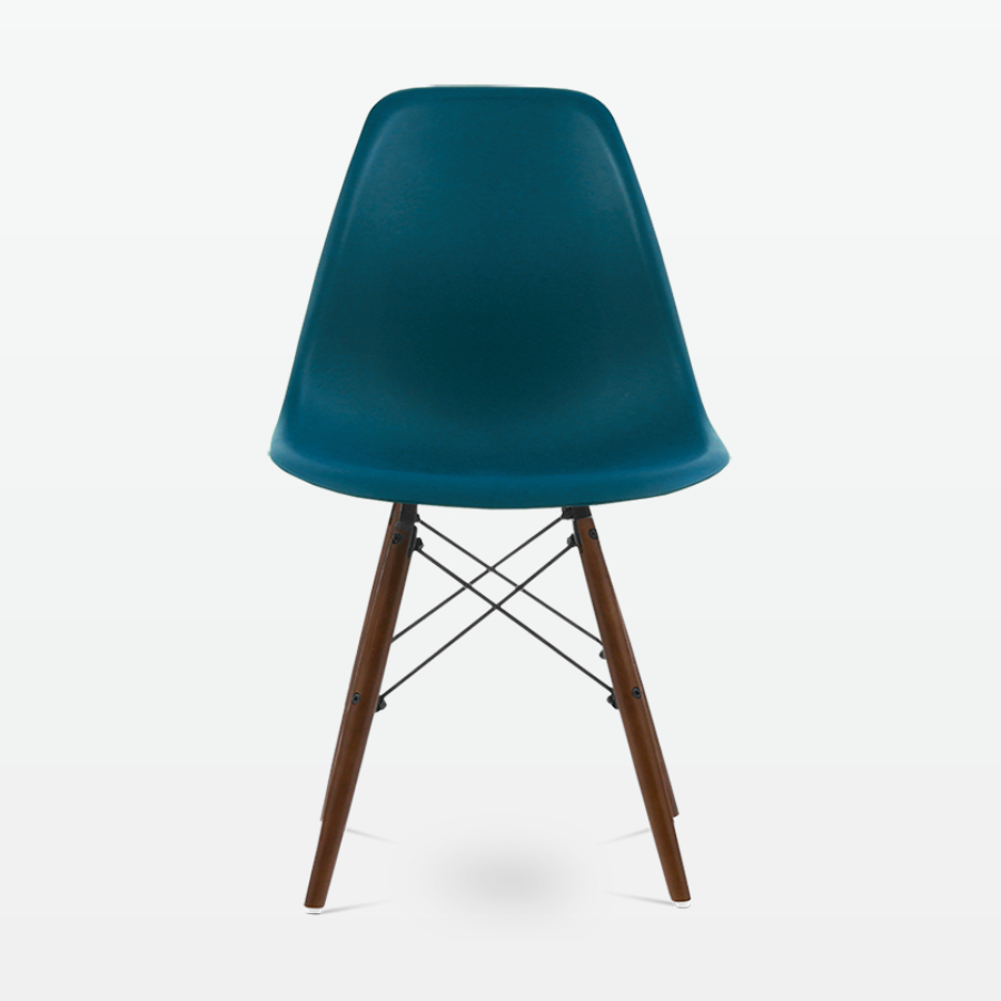 Designer Plastic Dining Side Chair in Ocean Top & Walnut Wooden Legs - front