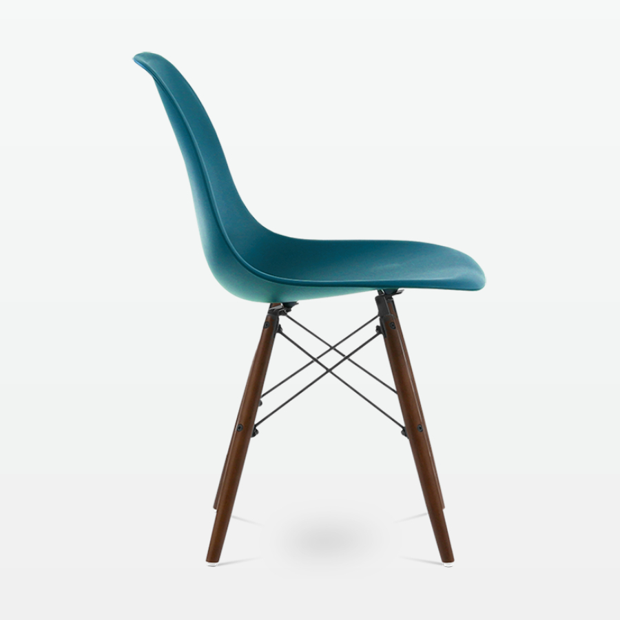 Designer Plastic Dining Side Chair in Ocean Top & Walnut Wooden Legs - side